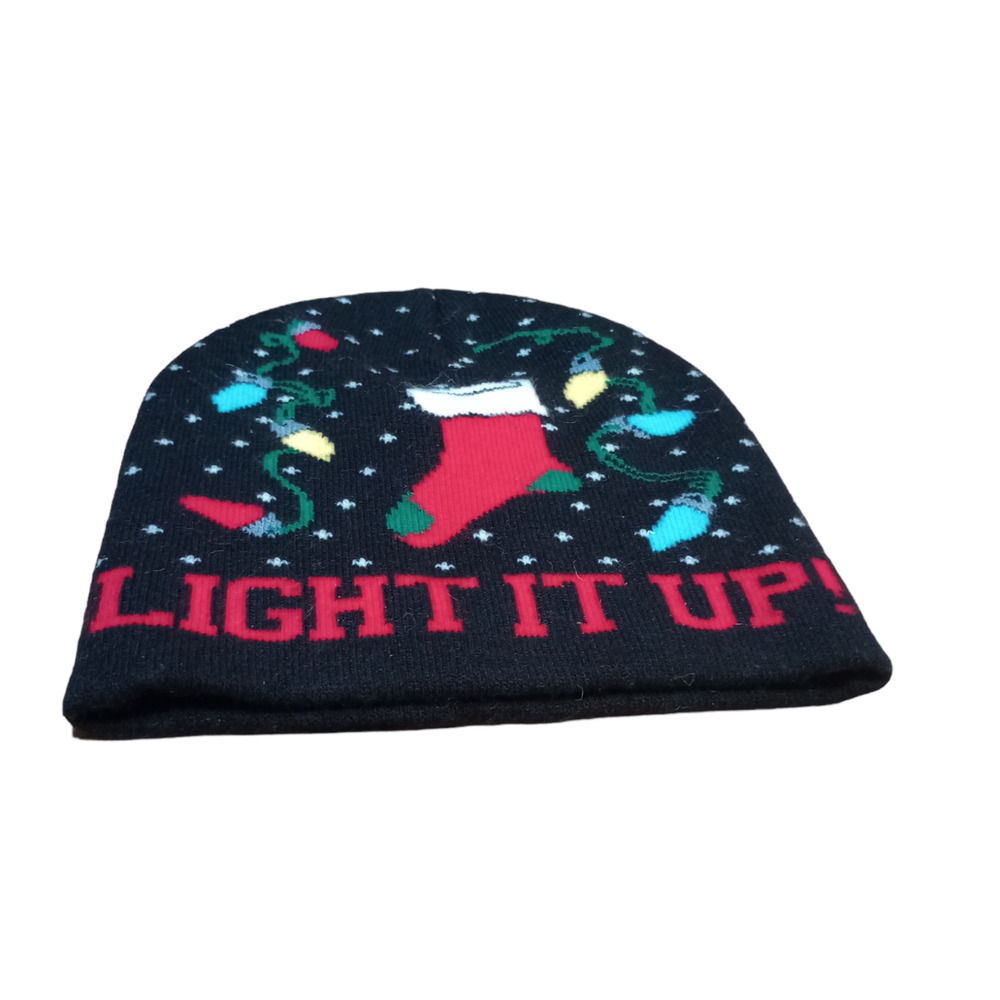 Light It Up Christmas Holiday Knitted Winter Beanie Hat Black